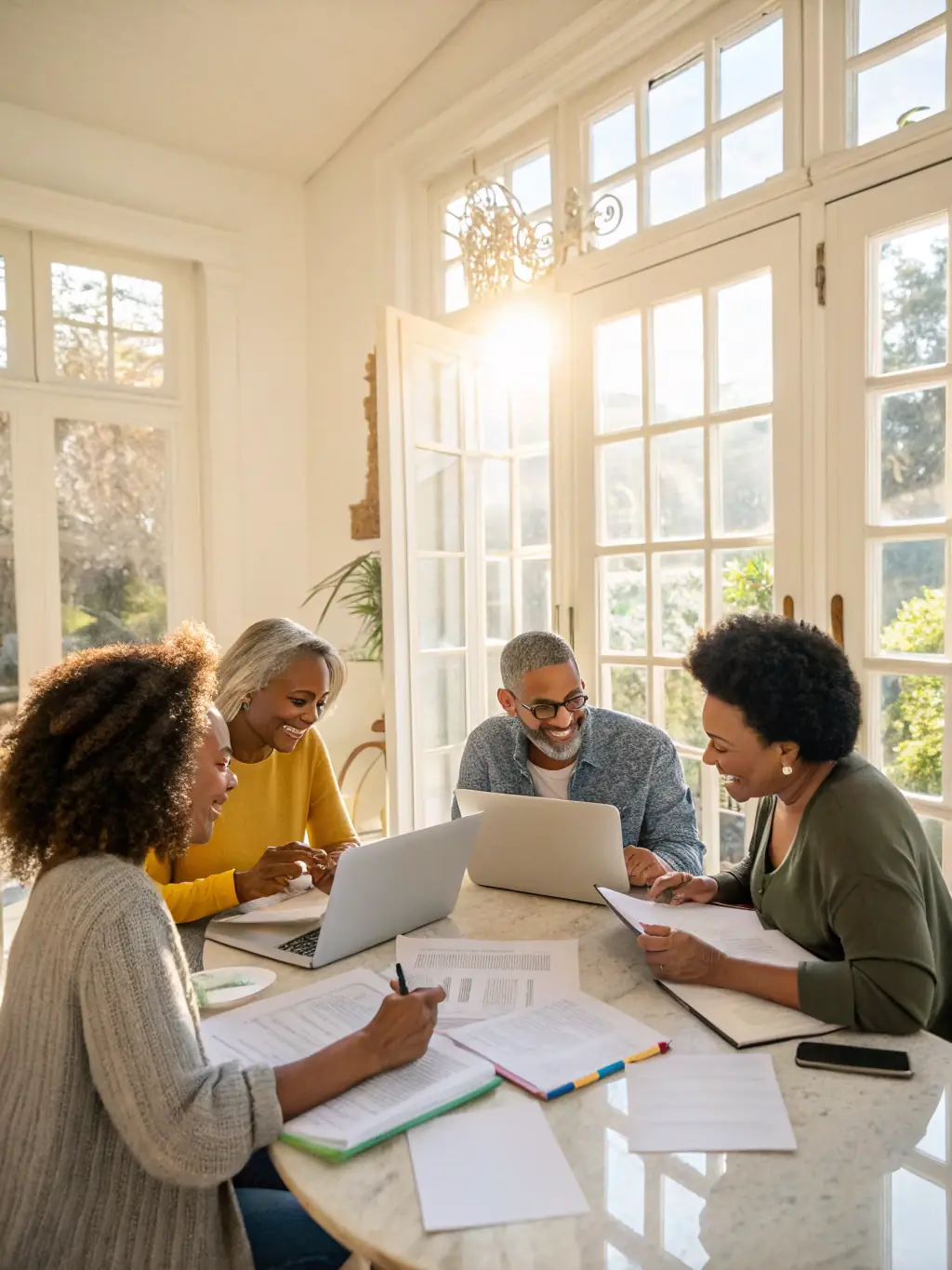 A diverse group of people engaging with an interactive online quiz about health insurance needs, representing middle-of-funnel lead engagement.