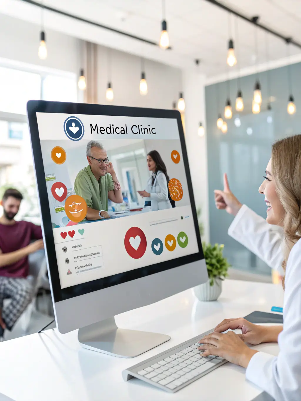 A vibrant graphic illustrating targeted online ads and social media posts designed to attract potential health insurance clients, representing top-of-funnel lead generation.