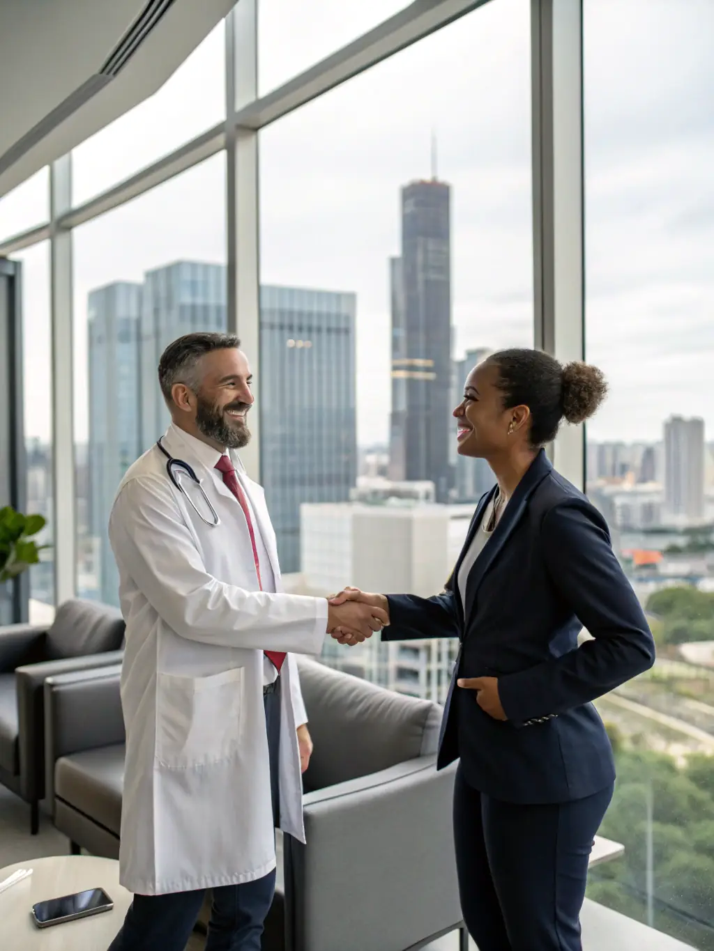 A professional health insurance agent shaking hands with a new client in a modern office setting, symbolizing a successful lead conversion from the bottom of the funnel.