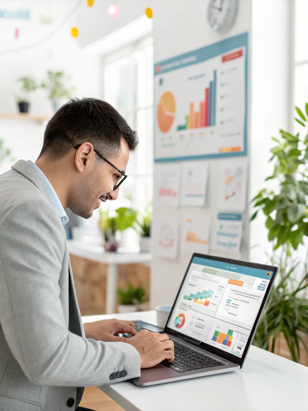 A professional health insurance agent is reviewing a detailed lead report on a tablet, with a city skyline visible in the background, symbolizing targeted lead generation.