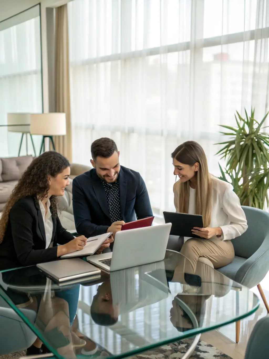 A diverse team of digital marketing experts and licensed health insurance agents collaborating in a bright, modern office, symbolizing combined expertise.
