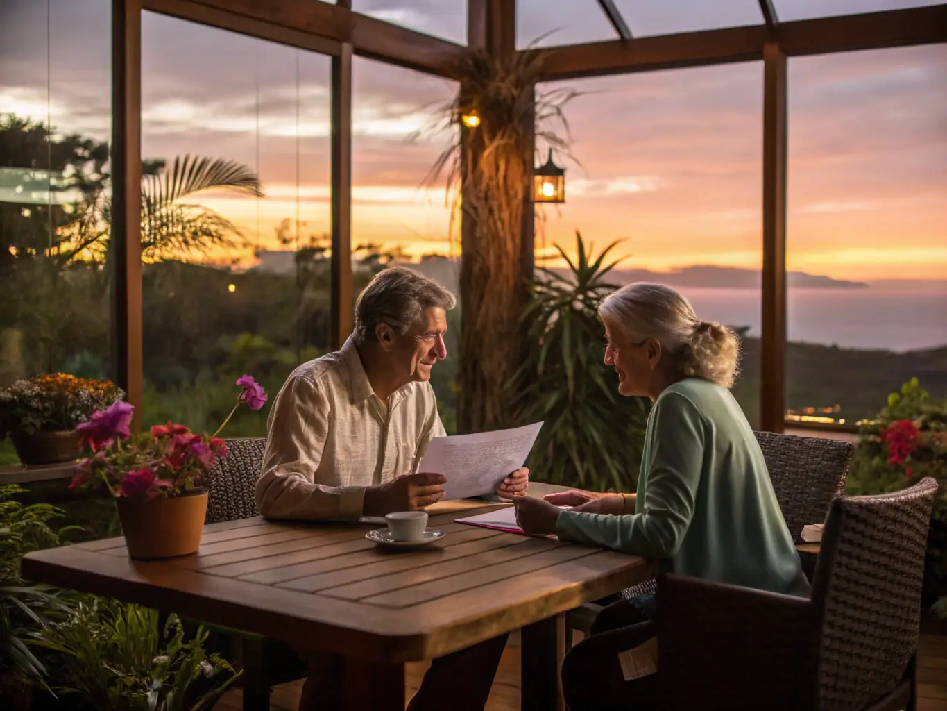A well-dressed senior couple smiles warmly while reviewing financial documents in their sunlit living room, symbolizing estate planning and legacy.