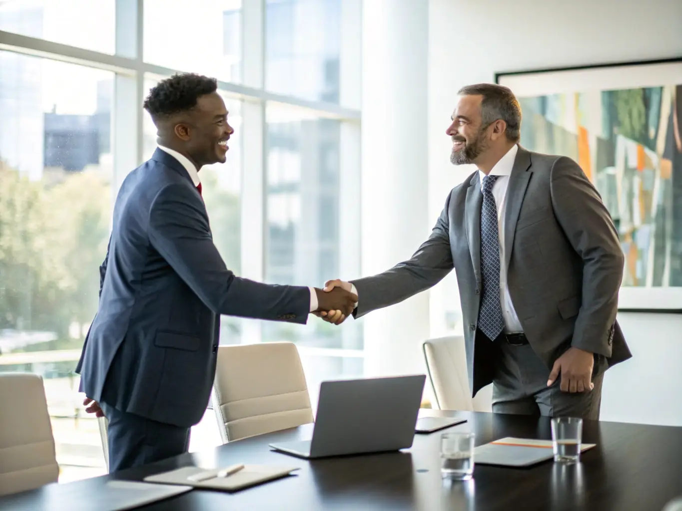 An image of business partners shaking hands in an office setting, symbolizing partnership and security, emphasizing trust and collaboration.
