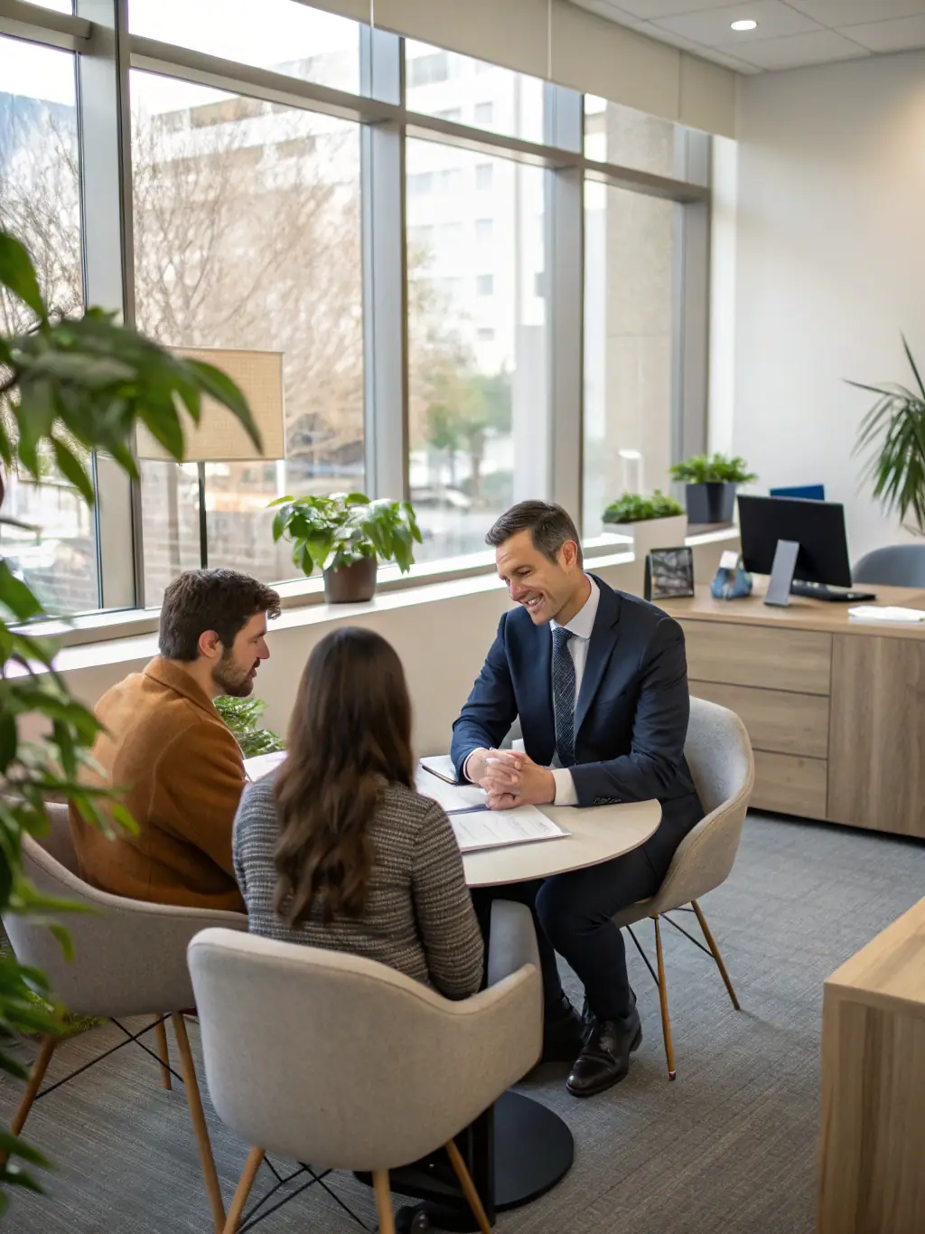 A business owner reviewing a key person insurance policy with their financial advisor, focusing on protecting the company's assets and continuity.