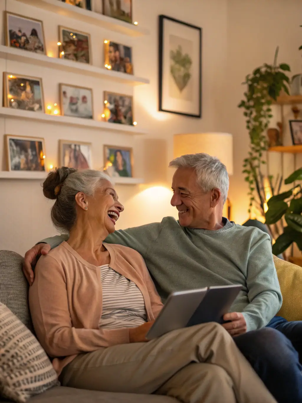 A mature couple smiling and confidently reviewing retirement plans in a sunlit living room, emphasizing the peace of mind achieved through strategic planning with Alta Vida Unlimited.