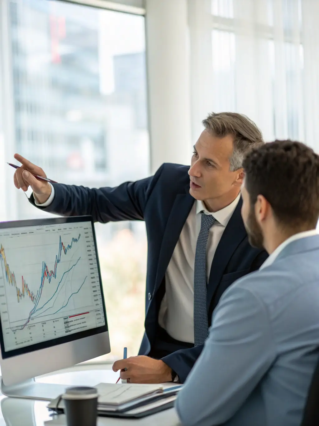 A professional financial advisor explaining 401(k) alternatives to a client in a modern office setting, highlighting the potential for greater returns and flexibility.